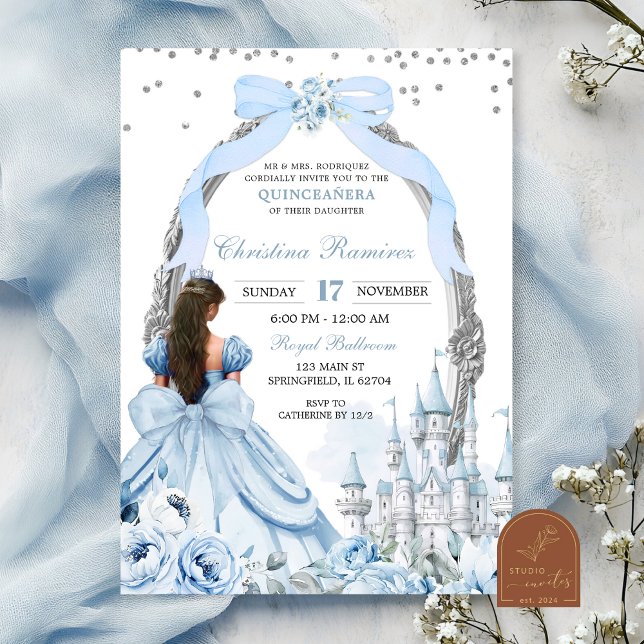 Invitación Blue Coquette Bow Fairytale Castle Quinceanera (Subido por el creador)
