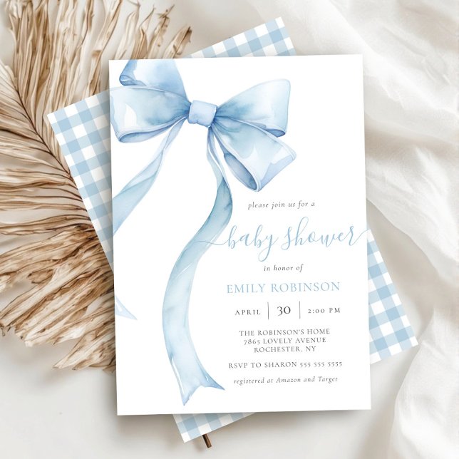 Invitación Blue Coquette Bow Gingham Boy Baby Shower (Subido por el creador)