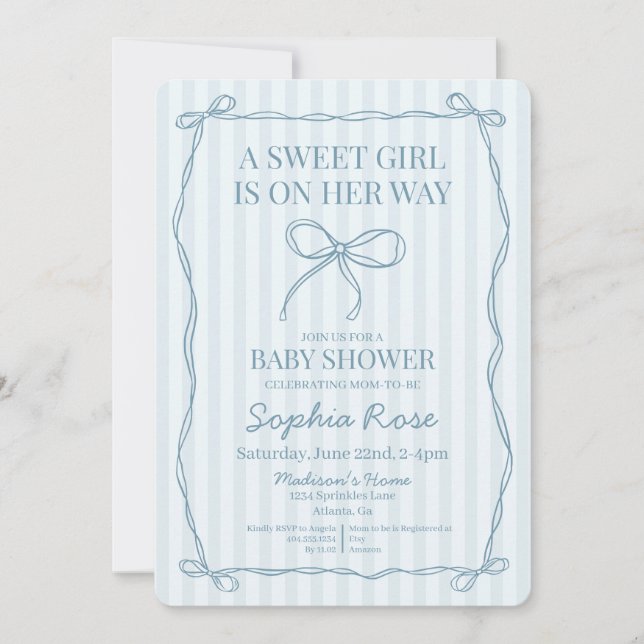 Invitación Blue Coquette Bow Pastel Baby Shower rayado (Anverso)
