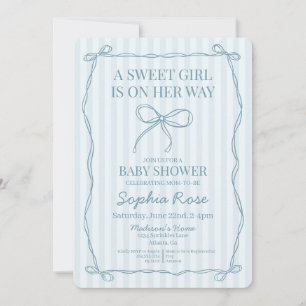 Invitación Blue Coquette Bow Pastel Baby Shower rayado