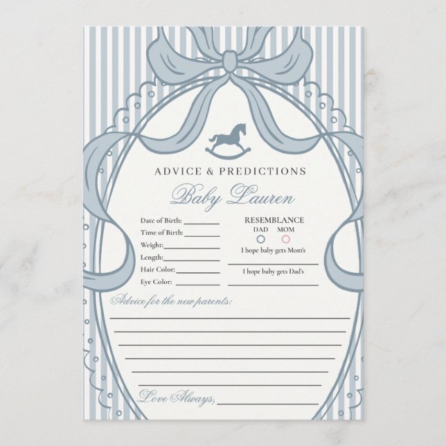 Invitación Blue Coquette Bow Rocking Horse Baby Advice Card (Anverso)