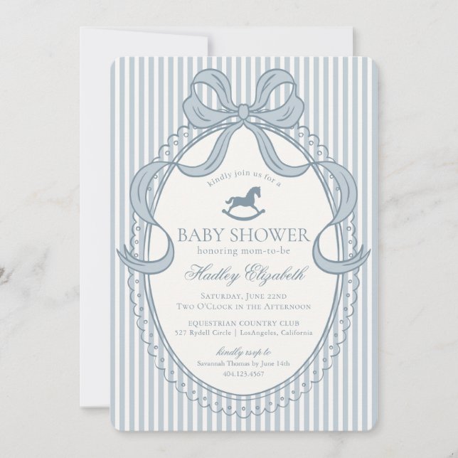 Invitación Blue Coquette Bow Rocking Horse Baby Shower (Anverso)