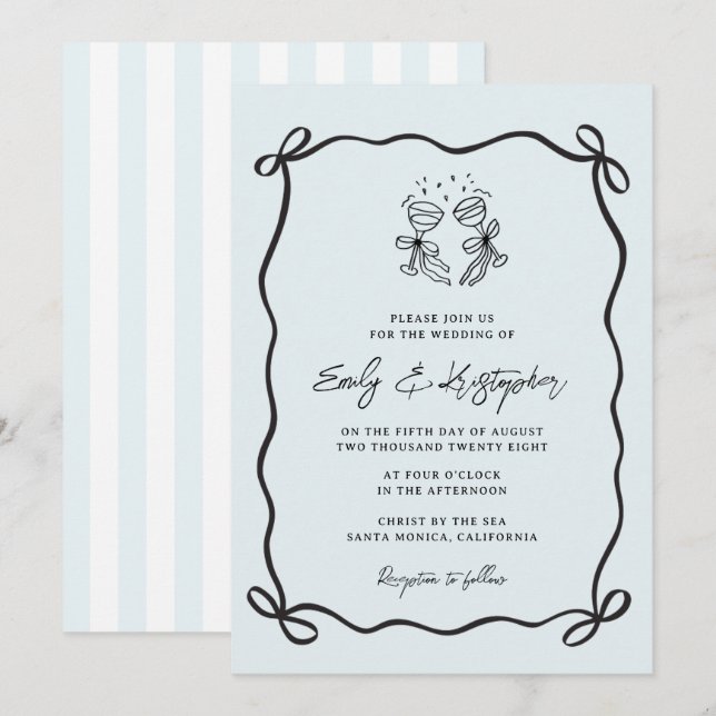 Invitación Blue  Coquette Bow Wedding (Anverso / Reverso)
