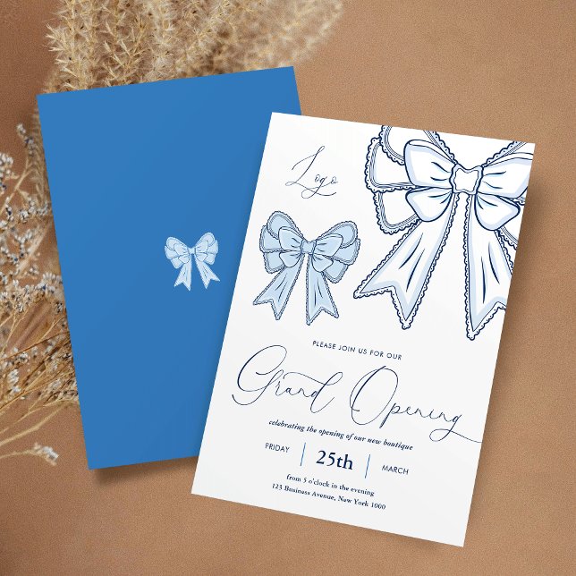 Invitación Blue Coquette Bows Elegante Gran Apertura (Ekegant dusty blue coquette bows business grand opening invitation)