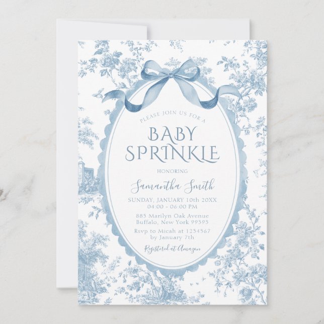 Invitación Blue Coquette Chinoiserie Toile Girl Baby Sprinkle (Anverso)
