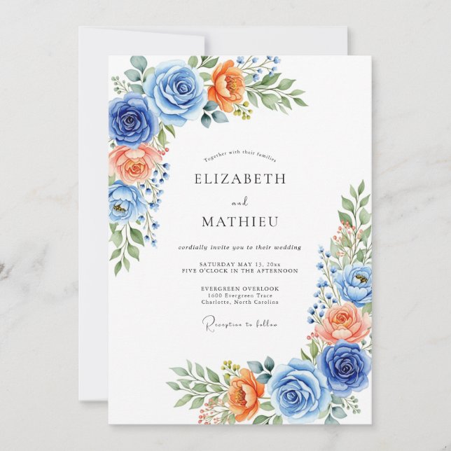 Invitación Blue Coral Botanical Romance Wedding (Anverso)