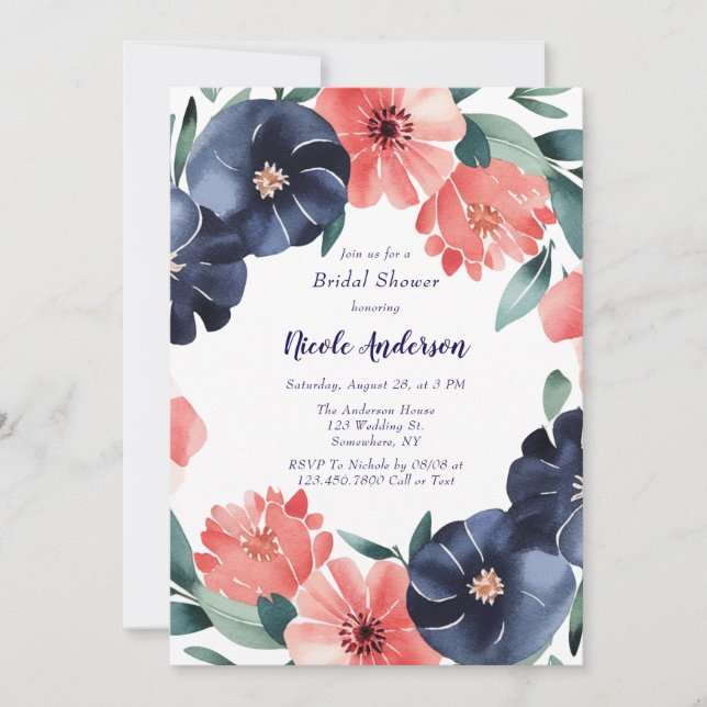 Invitación Blue & Coral Paint Bouquet Bridal Shower (Anverso)