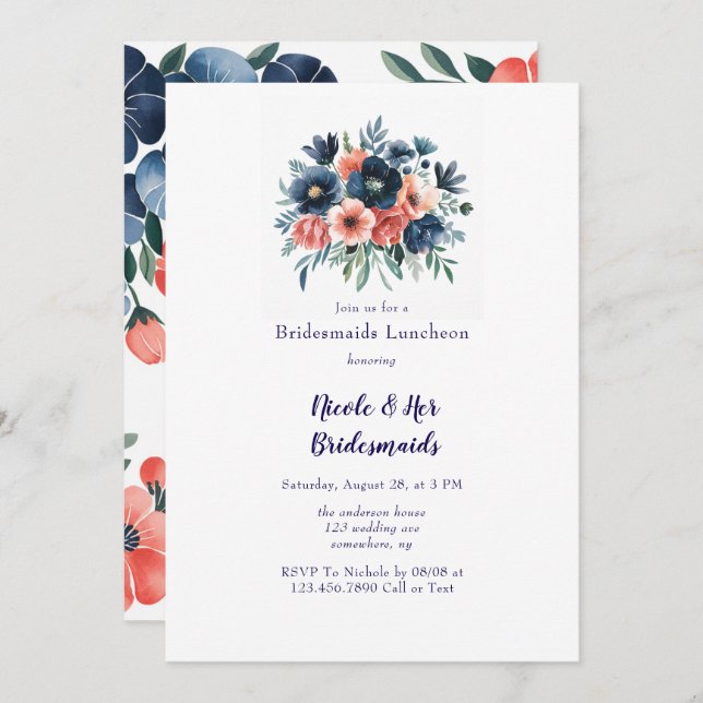 Invitación Blue & Coral Paint Bouquet Bridesmaids Luncheon (Anverso / Reverso)