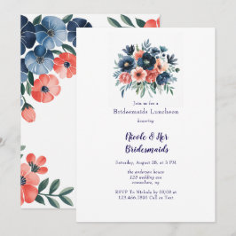 Invitación Blue & Coral Paint Bouquet Bridesmaids Luncheon