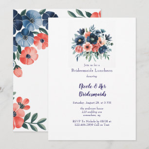 Invitación Blue & Coral Paint Bouquet Bridesmaids Luncheon