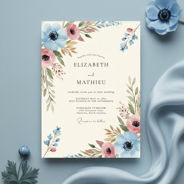 Invitación Blue Coral Painterly Bloom Wedding (Subido por el creador)
