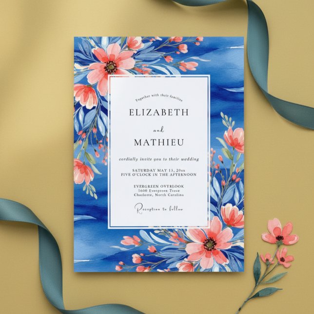 Invitación Blue Coral Painterly Botanical Wedding (Subido por el creador)