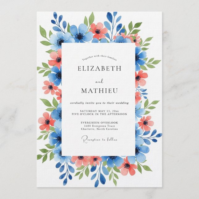 Invitación Blue Coral Painterly Floral Wedding (Anverso)