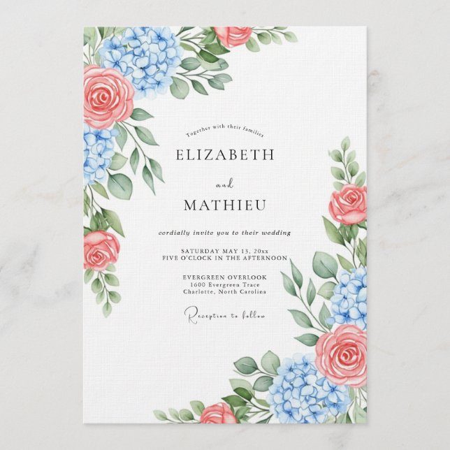 Invitación Blue Coral Rose Botanical Wedding (Anverso)