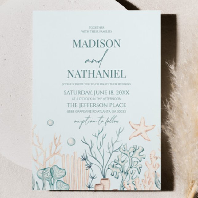 Invitación Blue Coral Sea Shell Ocean Beach Wedding (Subido por el creador)