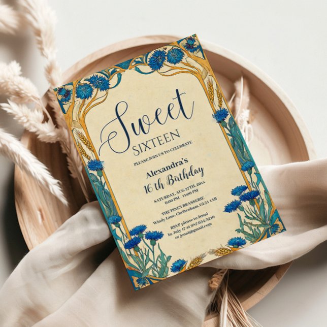 Invitación Blue Cornflower Art Nouveau Sweet Sixteen (Subido por el creador)