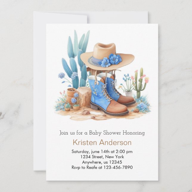 Invitación Blue Cowboy Boots Watercolor Baby Shower (Anverso)