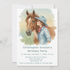 Invitación Blue Cowboy Kissing a Horse Birthday Party