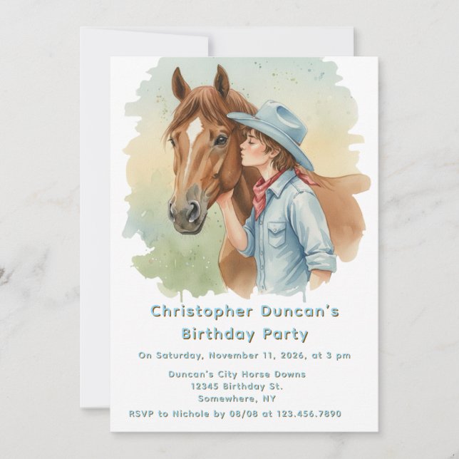 Invitación Blue Cowboy Kissing a Horse Birthday Party (Anverso)