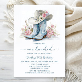 Invitación Blue Cowgirl Boots and Hat 100th Birthday Party