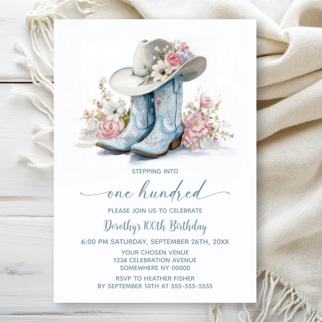 Invitación Blue Cowgirl Boots and Hat 100th Birthday Party (Subido por el creador)
