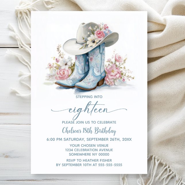Invitación Blue Cowgirl Boots and Hat 18th Birthday Party (Subido por el creador)