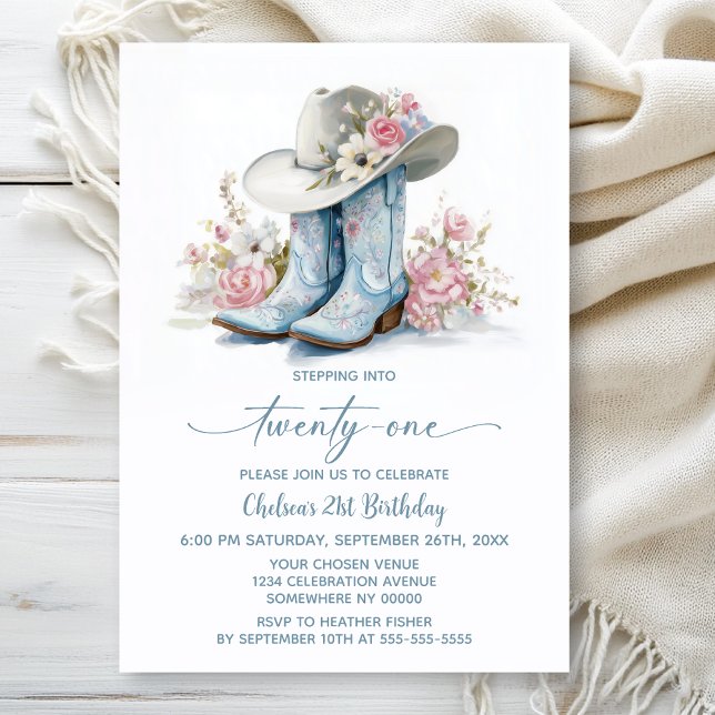 Invitación Blue Cowgirl Boots and Hat 21st Birthday Party (Subido por el creador)