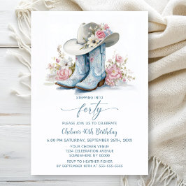 Invitación Blue Cowgirl Boots and Hat 40th Birthday Party