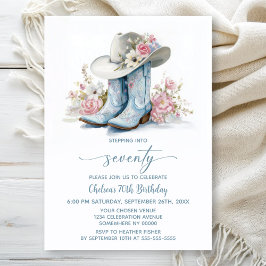 Invitación Blue Cowgirl Boots and Hat 70th Birthday Party