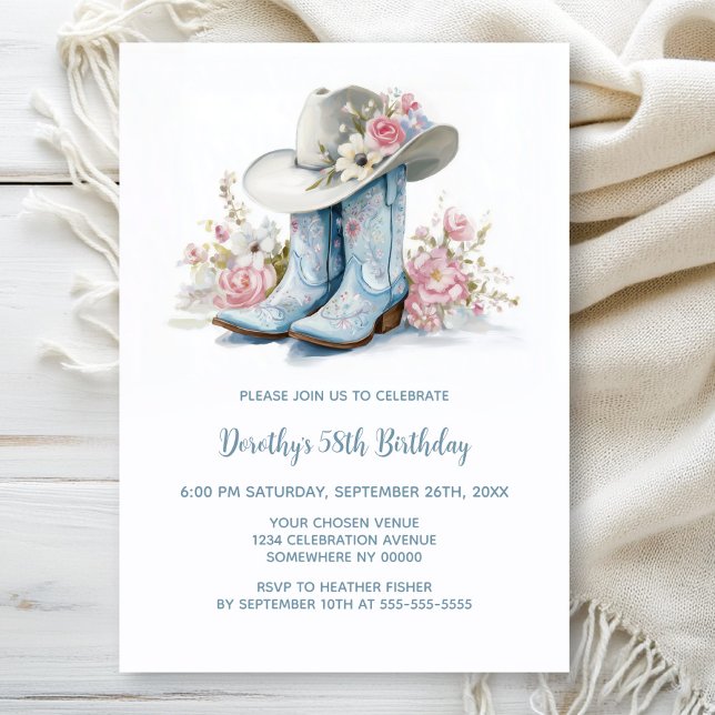 Invitación Blue Cowgirl Boots and Hat Birthday Party (Subido por el creador)