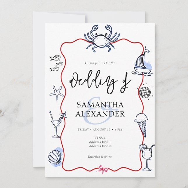 Invitación Blue Crab Doodle Beach QR Code RSVP Casual Wedding (Anverso)