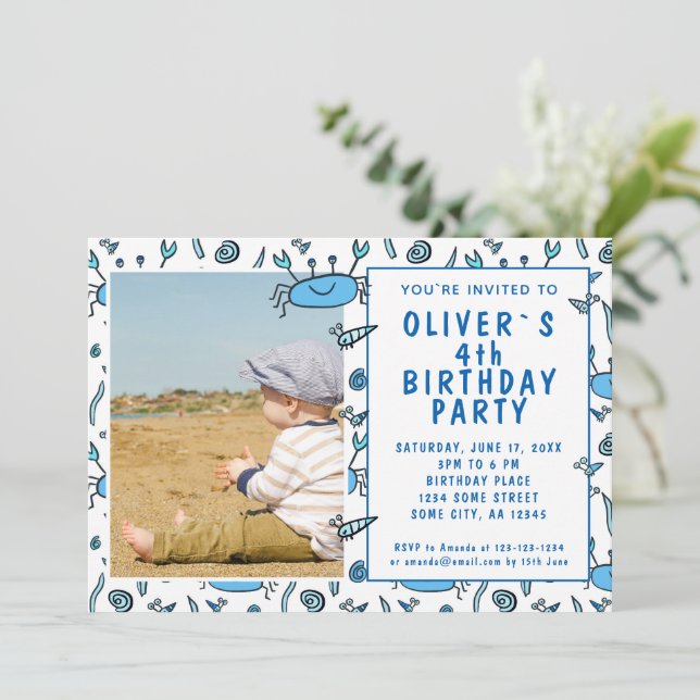 Invitación Blue Crab Sea Animals Shell Boy Photo Birday (Anverso de pie)