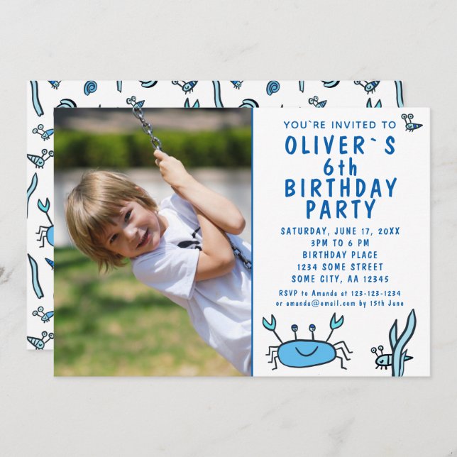 Invitación Blue Crab Sea Animals Shell Boy Photo Birday In (Anverso / Reverso)