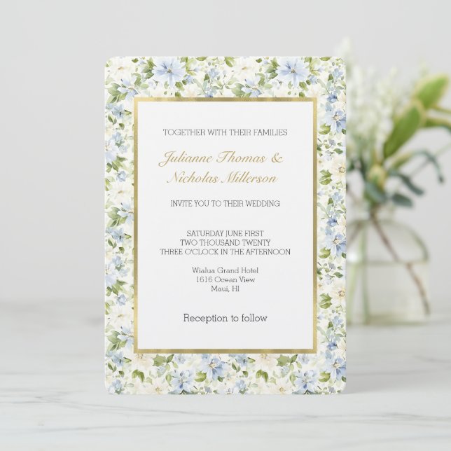 Invitación Blue Cream Floral Wedding (Anverso de pie)
