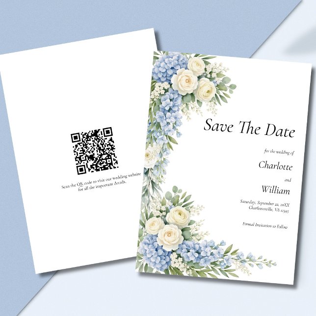 Invitación Blue Cream Florals Wedding Save The Date QR Code (Blue cream white watercolor florals Wedding Save the date Card with QR code on back)