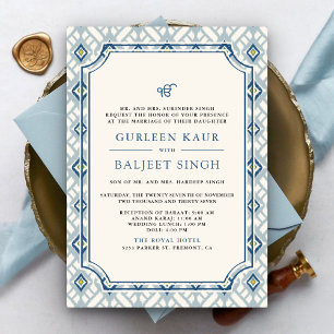 Invitación Blue Cream Marfil Ikat Anand Karaj Boda Sikh