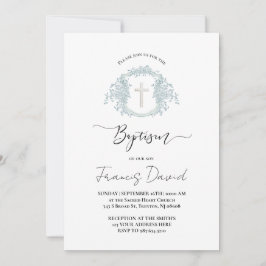 Invitación blue crest black script Baptism Invitation
