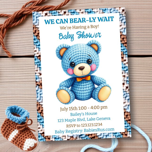 Invitación Blue Crocheted Teddy Bear Boy's Baby Shower (Subido por el creador)