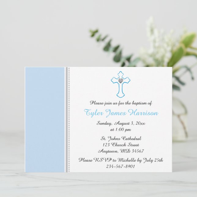 Invitación Blue Cross Baby Boy Baptism / Christening (Anverso de pie)