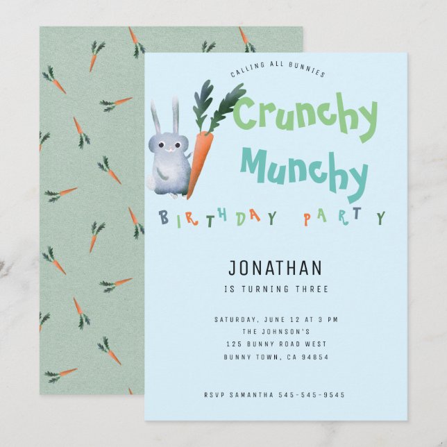 Invitación Blue Crunchy Munchy Bunny Cumpleaños Party Cute Bo (Anverso / Reverso)