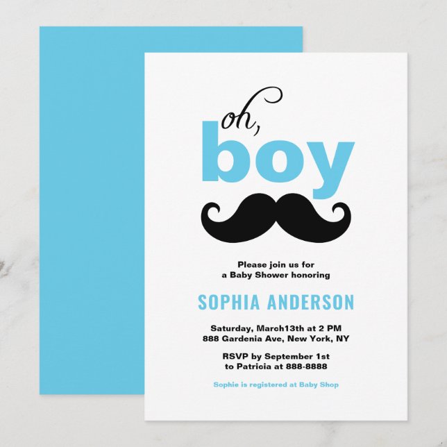 Invitación Blue Cute es un Baby Shower de Boy Mustache (Anverso / Reverso)