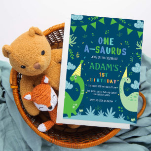 Invitación Blue Cute First Birthday Green Dinosaur