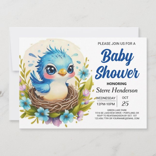 Invitación Blue Cute into the Woods Bird Boy Baby Shower (Anverso)