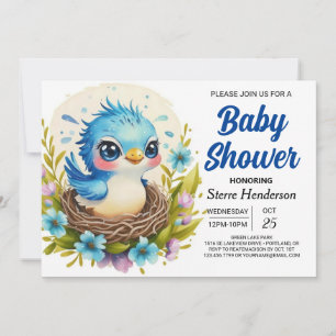 Invitación Blue Cute into the Woods Bird Boy Baby Shower