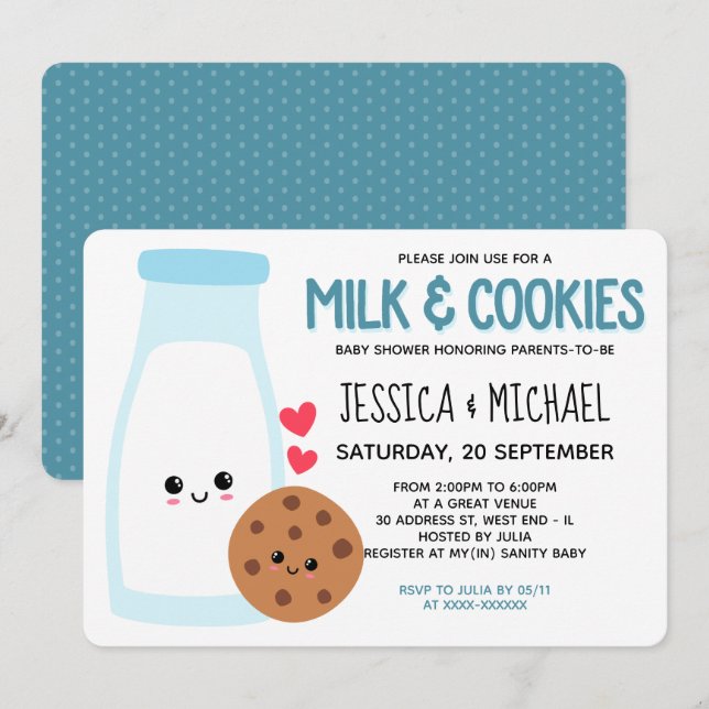 Invitación Blue Cute Kawaii Leche Y Cookies Baby Shower (Anverso / Reverso)