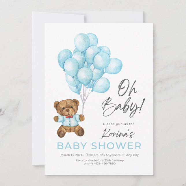INVITACIÓN BLUE CUTE OH BEAR TEDDY Y BALONES DE BEBÉ (Anverso)