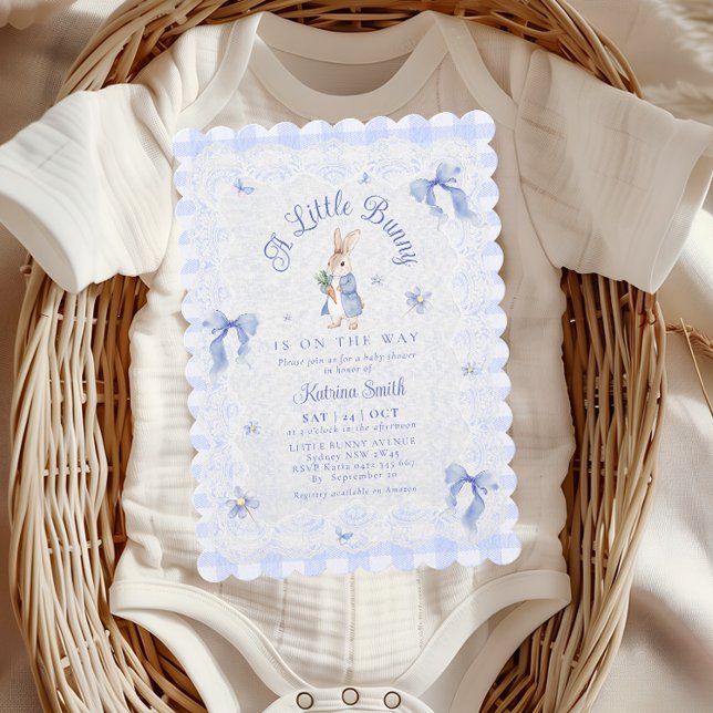 Invitación Blue Cute Rabbit Gingham lace Baby Shower (Subido por el creador)