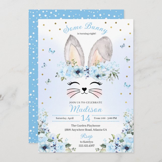 Invitación Blue Cute Rabbit Oars Floral Easter Birday (Anverso / Reverso)