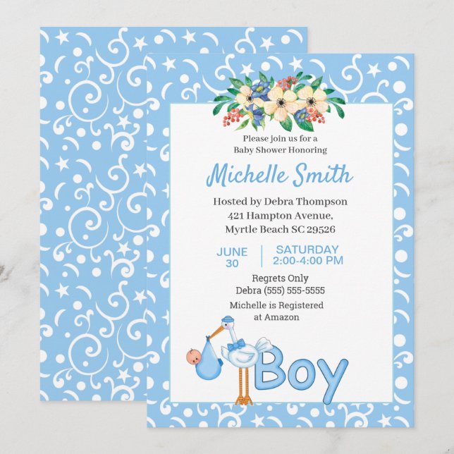 Invitación Blue Cute Stork Boy Floral Baby Shower (Anverso / Reverso)