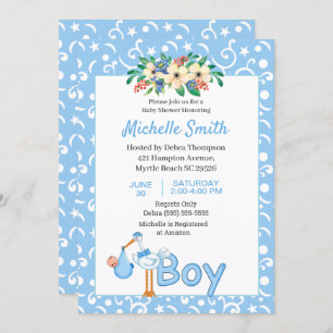 Invitación Blue Cute Stork Boy Floral Baby Shower